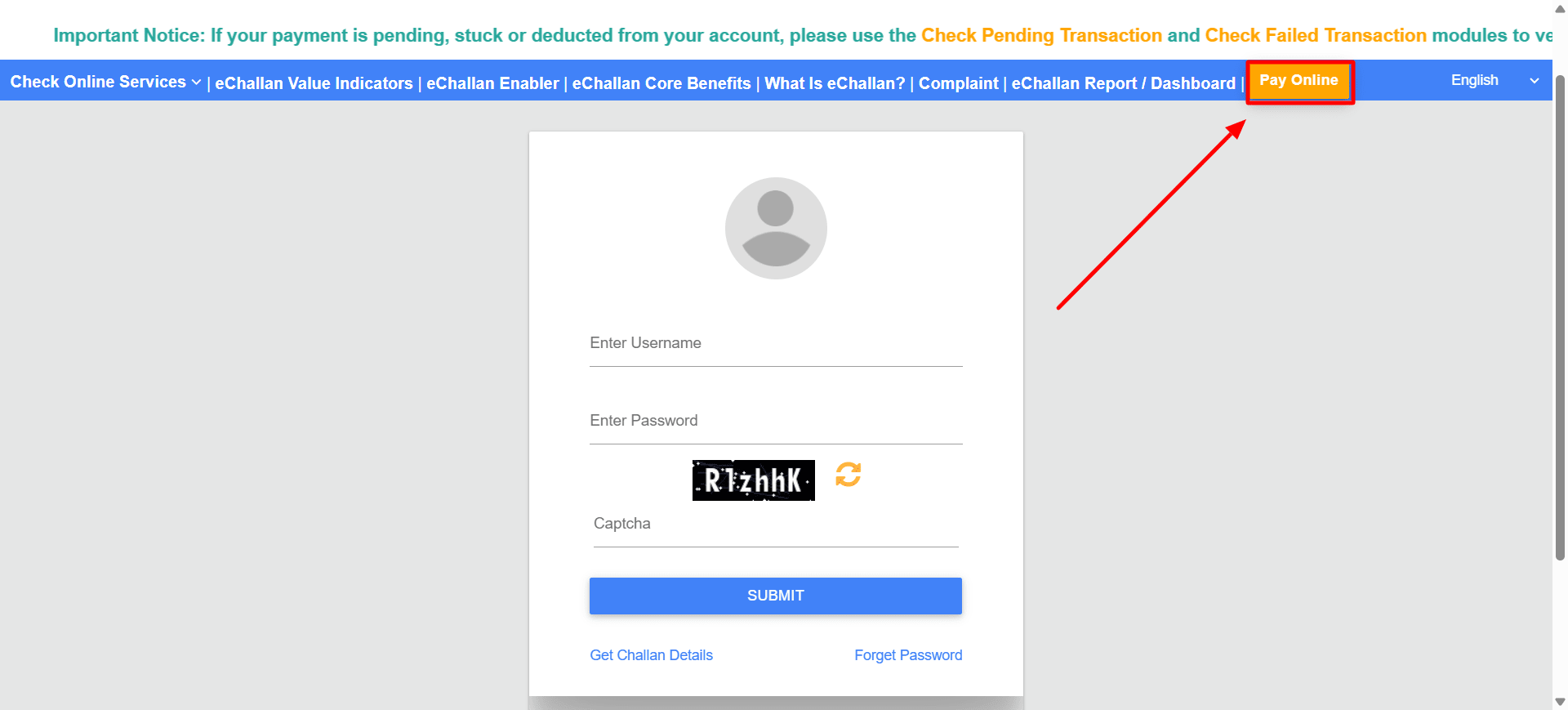 Morth Official website - Pay E challan Online - Pay Online - Guide -Step 2'